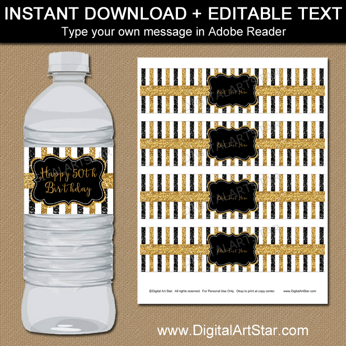 50th Birthday Water Bottle Labels Black And Gold Glitter Stripes In 