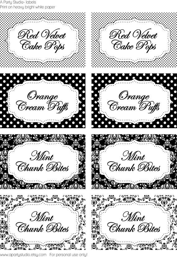 Black And White Buffet Table Food Labels Print Your Own Printing 