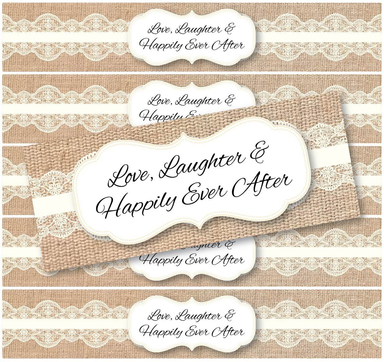 Burlap Lace Water Bottle Labels Love Laughter Happily Ever After