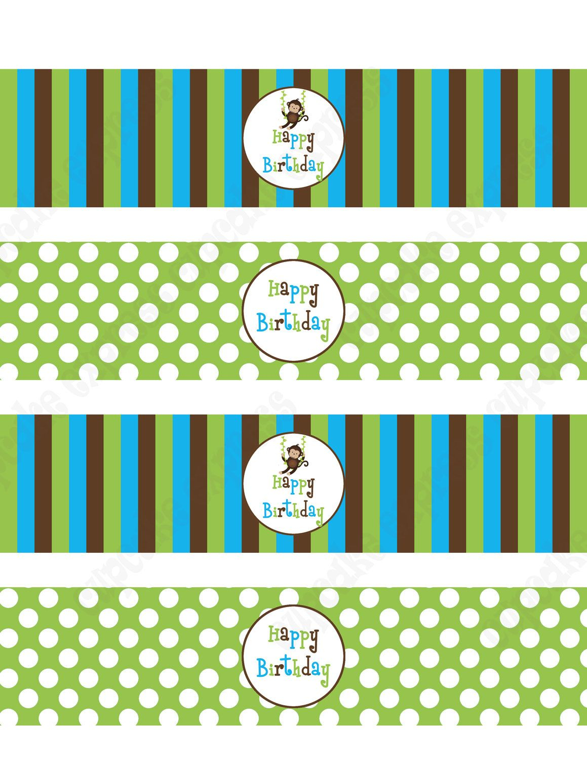 DIY Monkey Birthday Party PRINTABLE Water Bottle Labels Blue Green