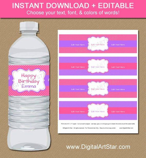 Diy Water Bottle Label Template New Pink And Purple Water Bottle Labels 