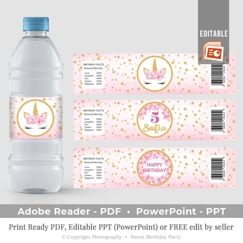 Editable Unicorn Water Bottle Label Printable Pink And Gold Birthday 