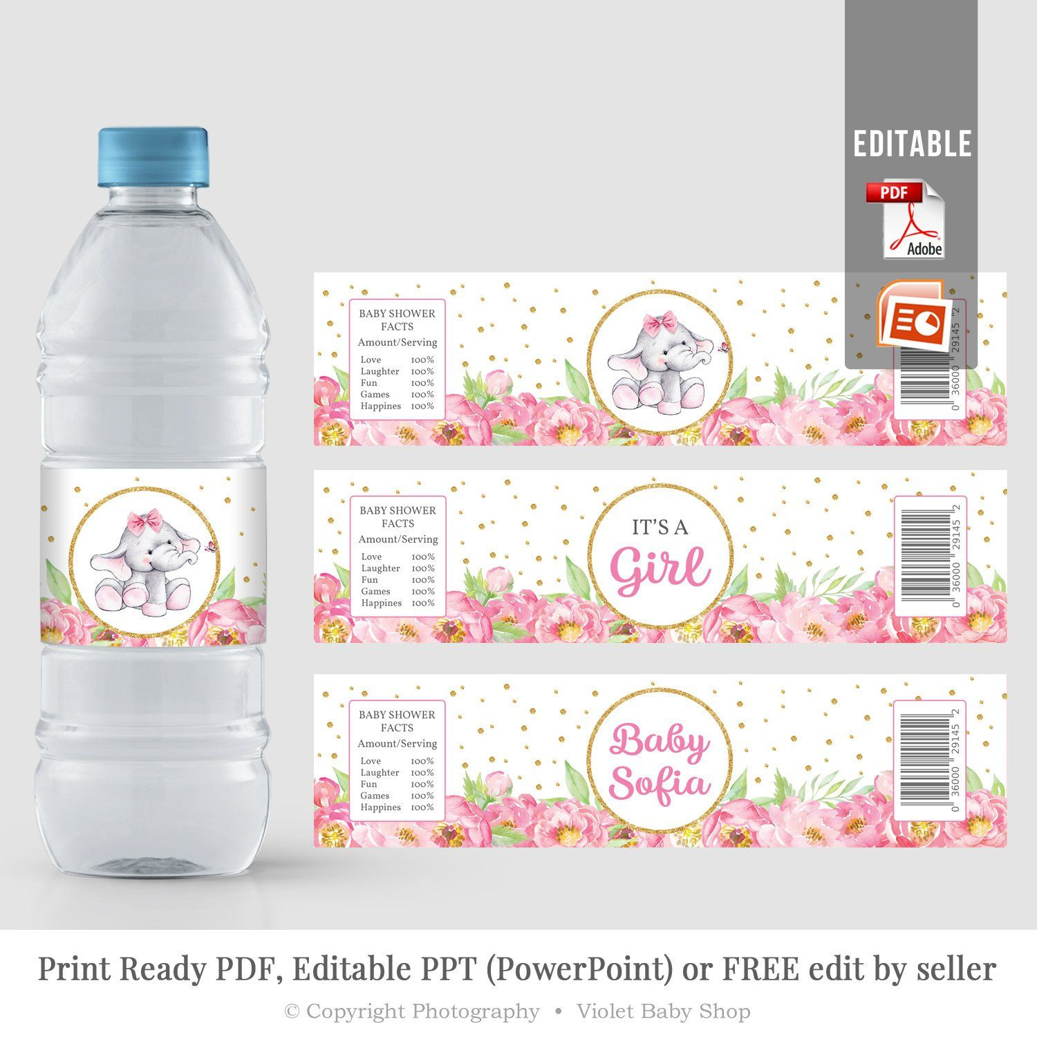 Editable Water Bottle Label Elephant Girl Baby Shower Label Template