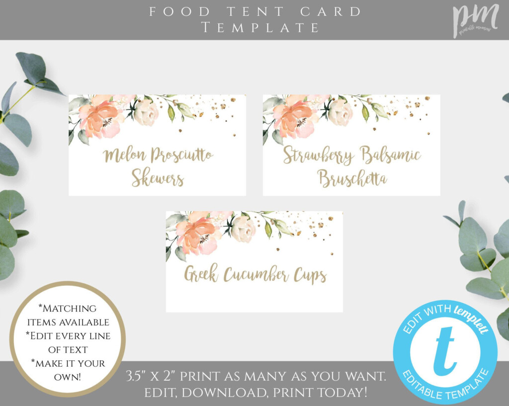 Food Tent Card Template Peach Floral Bridal Shower Folded Etsy Tent 