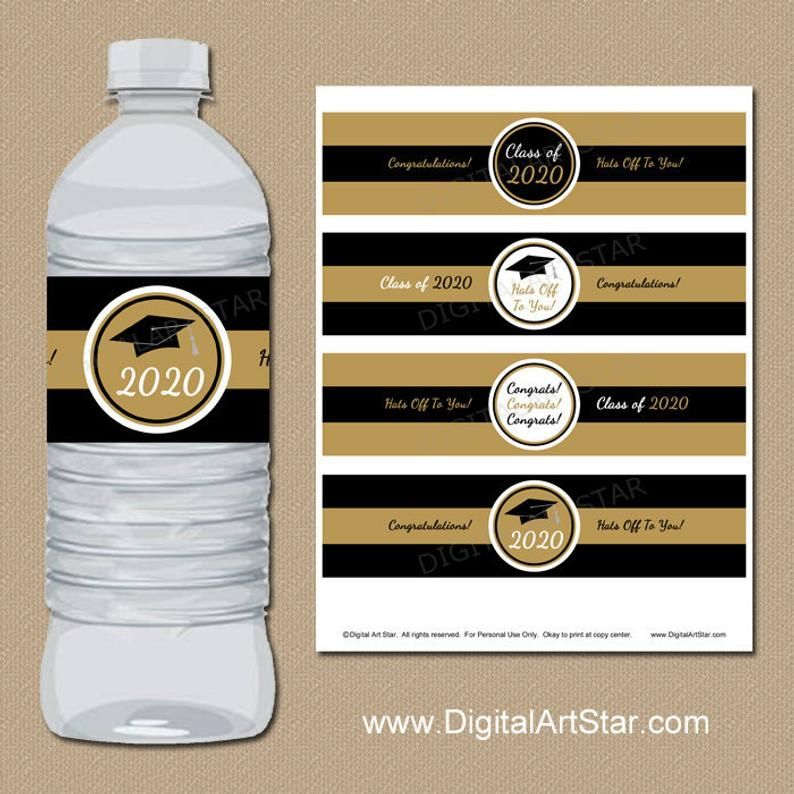 Graduation Water Bottle Labels Printable Black And Gold Party Etsy 