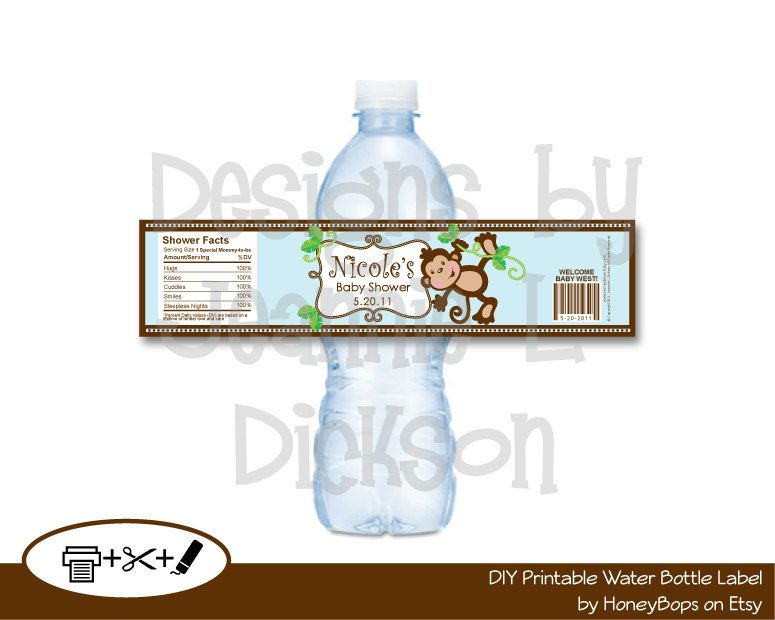 Monkey Water Bottle Label Birthday Baby Shower Announcement Printa 