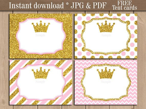 Princess Food Labels Printable Gold Crown Tent Cards Pink And Gold 