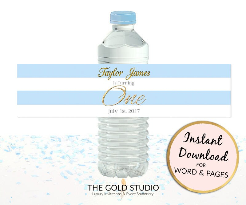 Printable Blue 1st Birthday Water Bottle Labels Boys Custom Cover First 