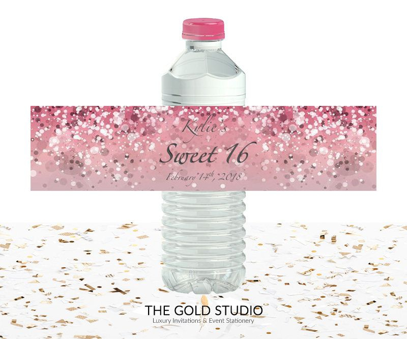 Printable Pink Water Bottle Labels Sweet 16 Custom Bottle Covers Sweet