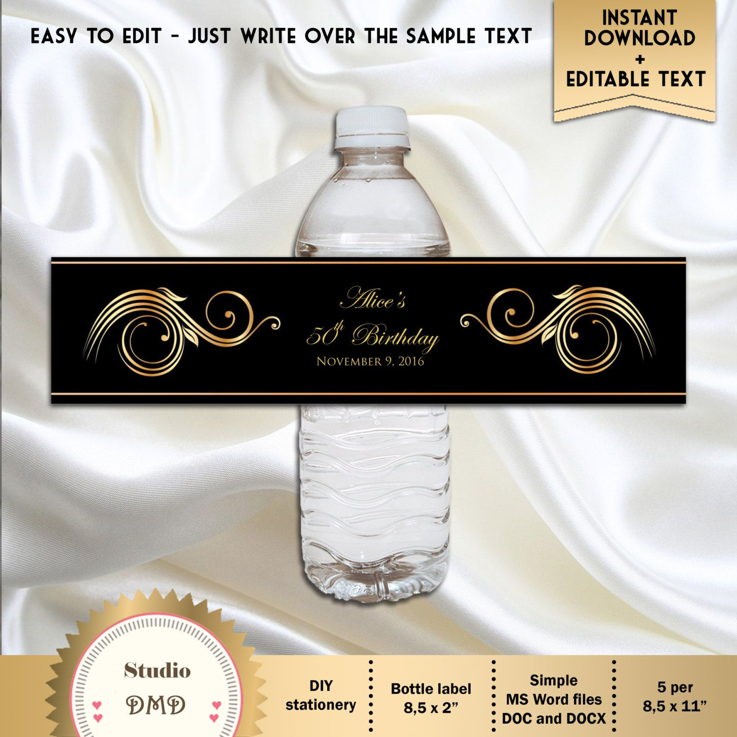 Printable Water Bottle Labels Elegant Black And Gold Etsy Printable 