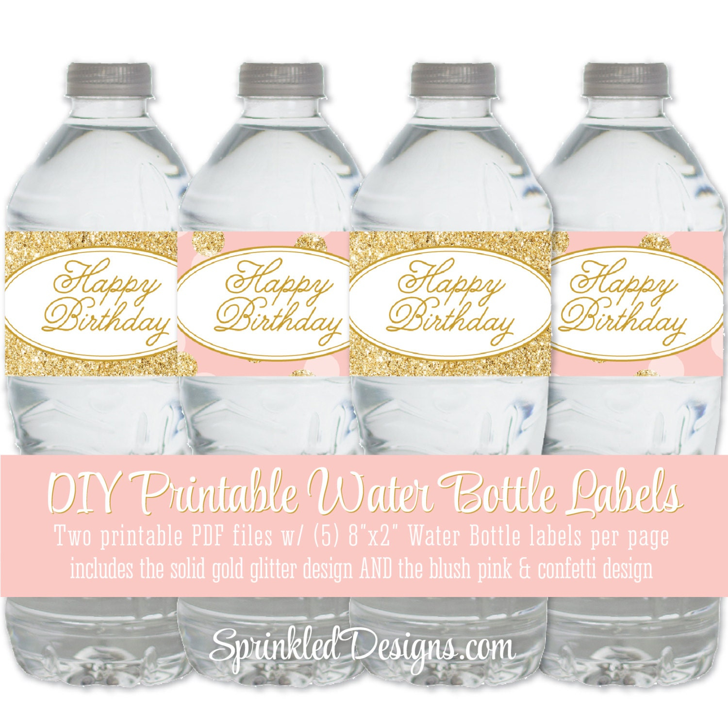 Printable Water Bottle Labels Happy Birthday Blush Pink Gold