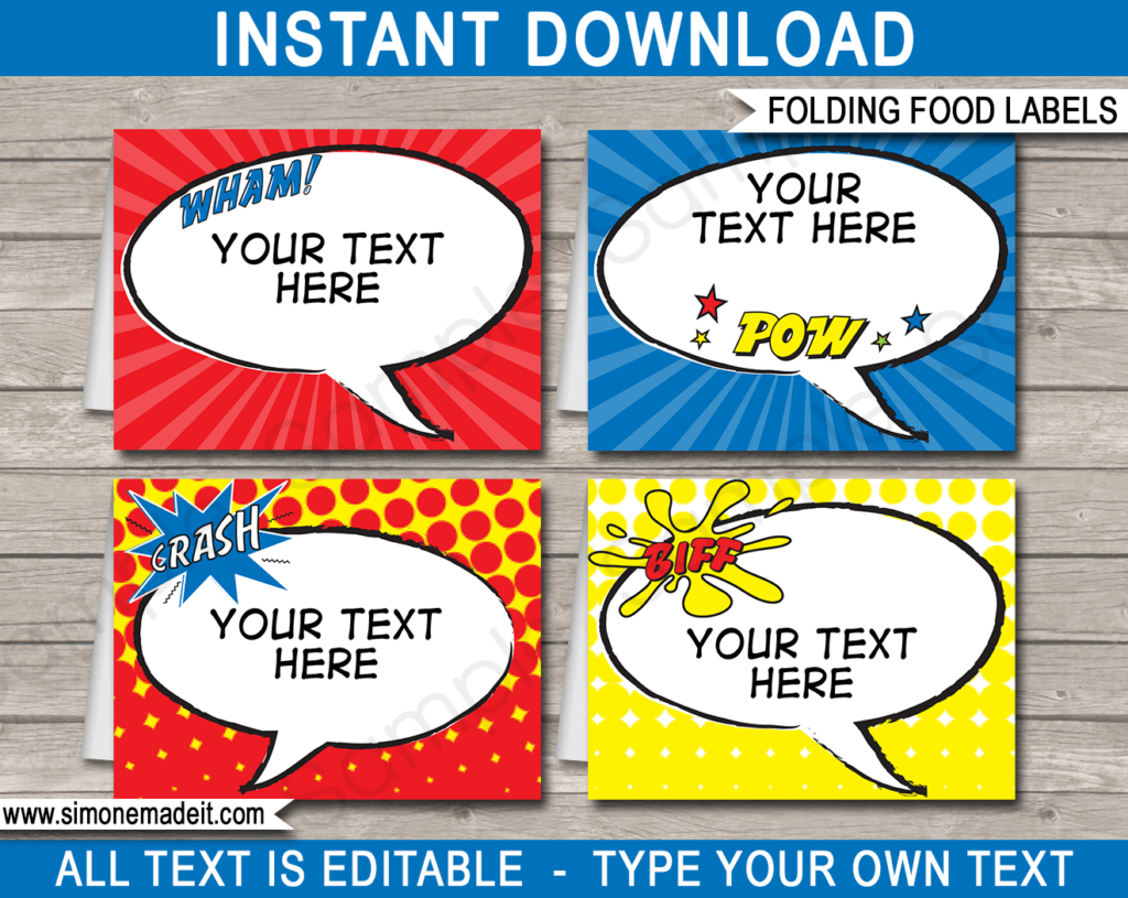 Superhero Party Food Labels Place Cards Party Decorations