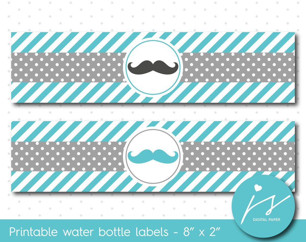 Turquoise And Grey Mustache Water Bottle Labels WA 185 Printable 